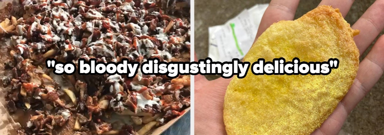 Left: Loaded fries with cheese, sauce, and meat. Right: Hand holding large, yellow potato chip. Text: "so bloody disgustingly delicious"