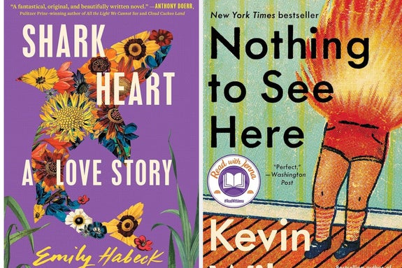 Book covers: "Shark Heart" by Emily Habeck featuring a floral shark and "Nothing to See Here" by Kevin Wilson showing a child's fiery shorts