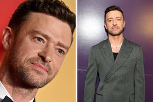 Justin Timberlake in a formal suit vs Justin Timberlake in a suit with a pearl necklace on