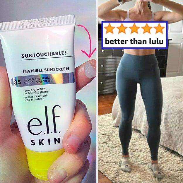 A hand holds e.l.f. Skin Suntouchable sunscreen. Next to it, a reviewer wears Dreamlux leggings with 5-star rating text "better than Lulu"