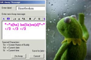 A computer screen showing an instant messenger away message editor with the text: "*~*s(he) be(lie)ve(d)*~* </3 </3 </3." kermit looks out a rainy window