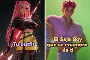 Imagen dividida: a la izquierda, personaje femenino con atuendo futurista. A la derecha, personaje masculino con camisa informal. Texto: "Tu outfit", "El Saja Boy que se enamoró de ti"