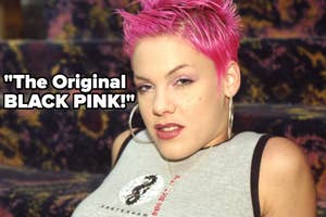 Person with short, spiky hair and hoop earrings lies back confidently, wearing a sleeveless top. Text reads: "The Original BLACK PINK!"