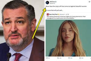A man in a suit stands next to a screenshot of a social media post discussing a news article about Sydney Sweeney, featuring her in a relaxed pose