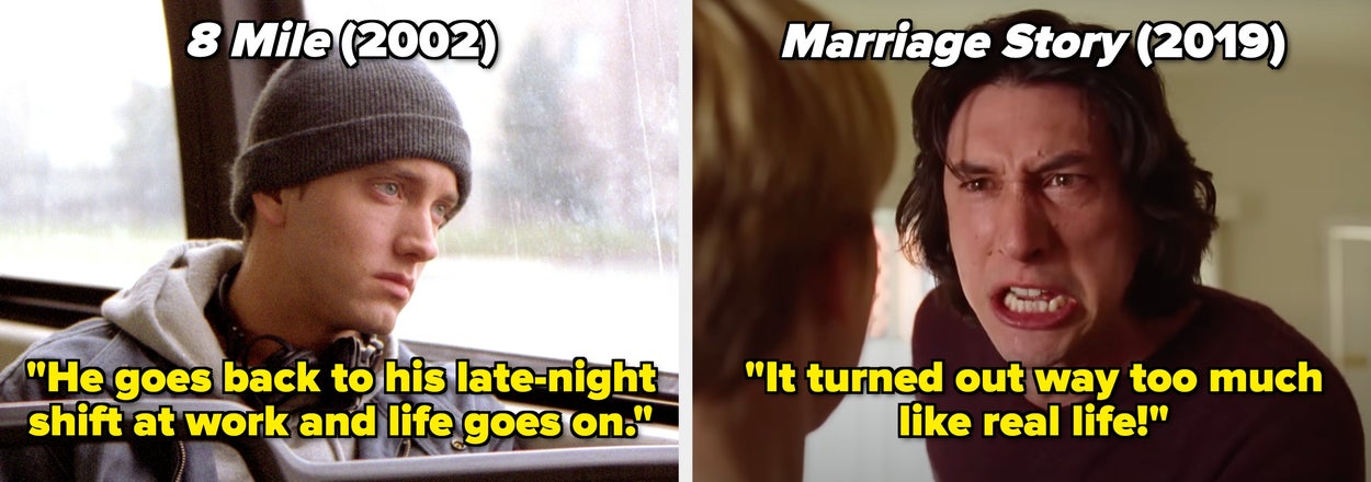 Two film scenes: left shows a man in a beanie on a bus; right shows a man yelling passionately indoors. Text reads "8 Mile (2002)" and "Marriage Story (2019)"
