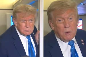 Two images of a Donald Trump in a suit and blue tie speaking to reporters on a plane
