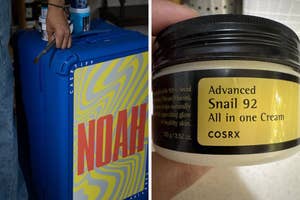 Person holding a decorated suitcase, next to COSRX Advanced Snail 92 All in One Cream on a shelf