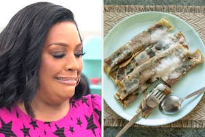 A woman cringing next to an image of moldy food