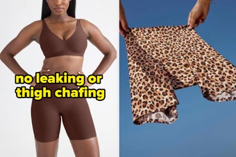 Woman models anti-chafing shorts; another pair with leopard print is showcased. Text reads: "No more thigh-chafing."