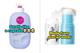 left: A hand holds eos vanilla cashmere body lotion with text overlay: "Smells like a cupcake!". Right: A reviewer outside with wavy hair