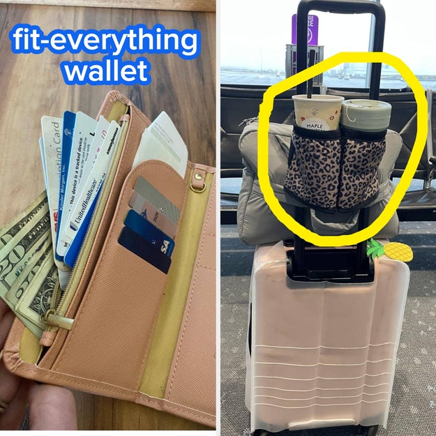 Open wallet with cards and cash next to a leopard print travel pouch on suitcase, holding drinks and snacks at an airport