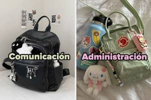 Mochila negra con llavero de peluche "Comunicación" y mochila verde con accesorios "Administración" comparadas en estilo