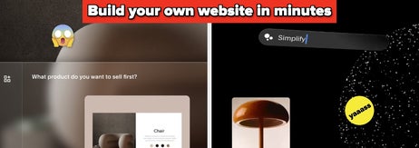 Split image: left shows a website design tool, right shows lamp and text, with captions: "Build your own website in minutes" and "Save £££ with our discount code."