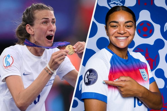 Two soccer players celebrate the 2022 UEFA Women's Euro. One holds a medal; the other wears an England jersey, smiling and pointing at a tournament patch