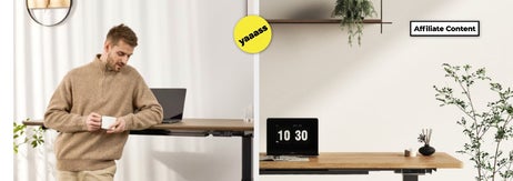 Left: Person in a cozy sweater leans on a standing desk with a cup, next to a cat. Right: Standing desk holding a laptop and plant, with heart-eyes emoji