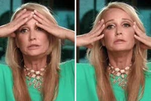 Person with long hair in a green top, holding their head as if stressed or contemplative, featured in a split image