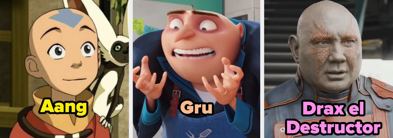 Aang, Gru y Drax el Destructor aparecen en un collage. Aang viste túnica; Gru tiene un delantal de chef; Drax lleva armadura futurista