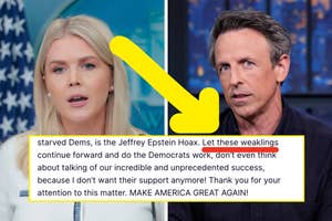 Two people speaking on separate news broadcasts with an arrow pointing to highlighted text in the middle. Text criticizes Democrats and mentions Jeffrey Epstein hoax