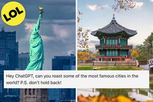 Statue of Liberty and Korean pagoda side-by-side; a playful prompt asks ChatGPT to humorously roast famous cities