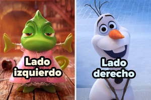 Pascal a la izquierda y Olaf a la derecha, ambos personajes de animación haciendo gestos expresivos. Texto: "Lado izquierdo", "Lado derecho"