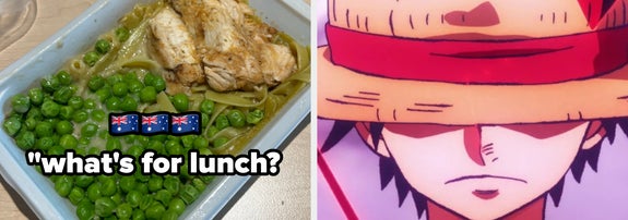 Meal with peas and chicken next to an animated character wearing a straw hat covering their eyes